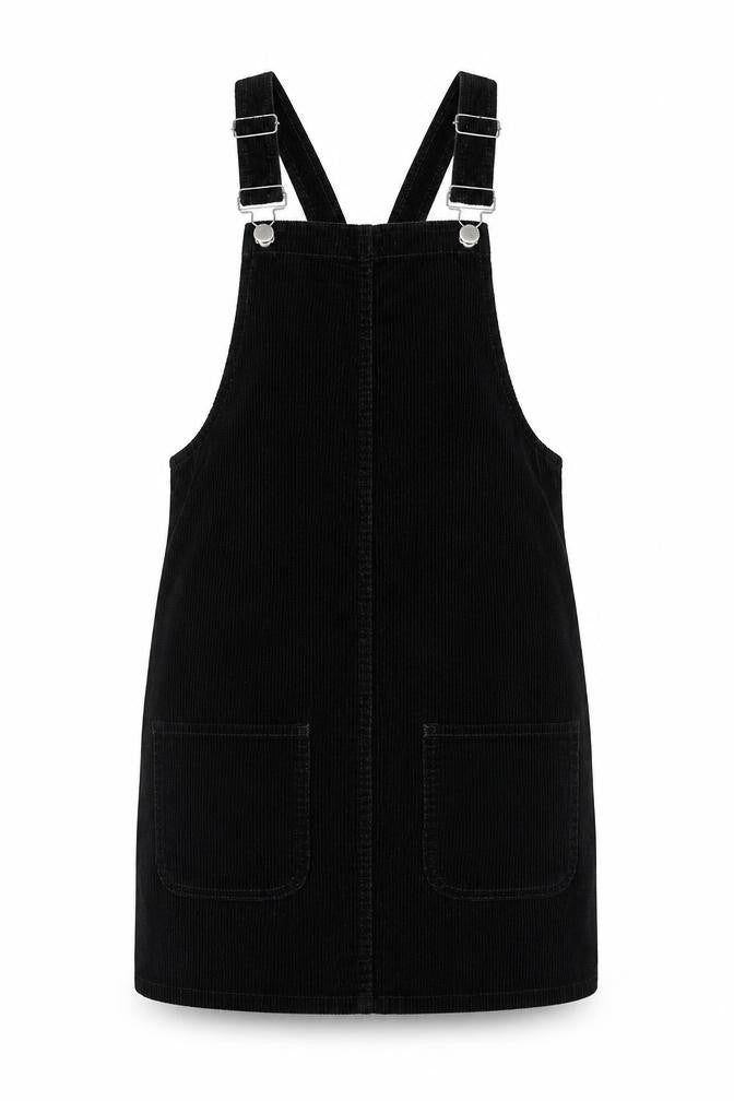 Front view of Denim Co. Women's Black Dungaree Dress, size 6