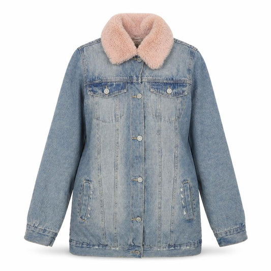Front view of Denim Co. Women's Blue Faux Fur Collar Denim Jacket, size 8