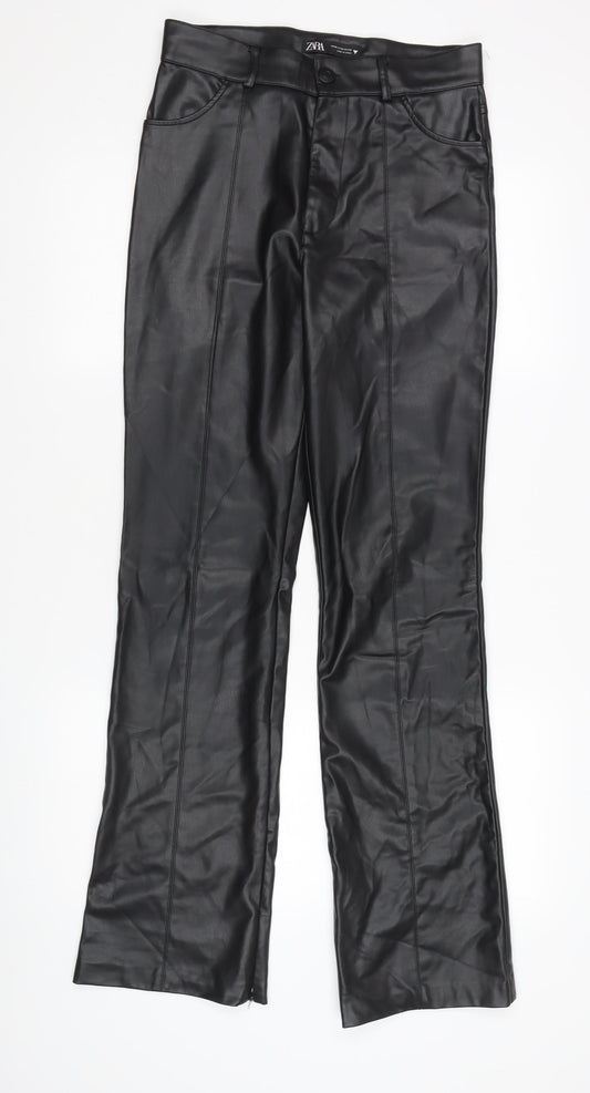 Zara Women's Black Flared Faux Leather Trousers M