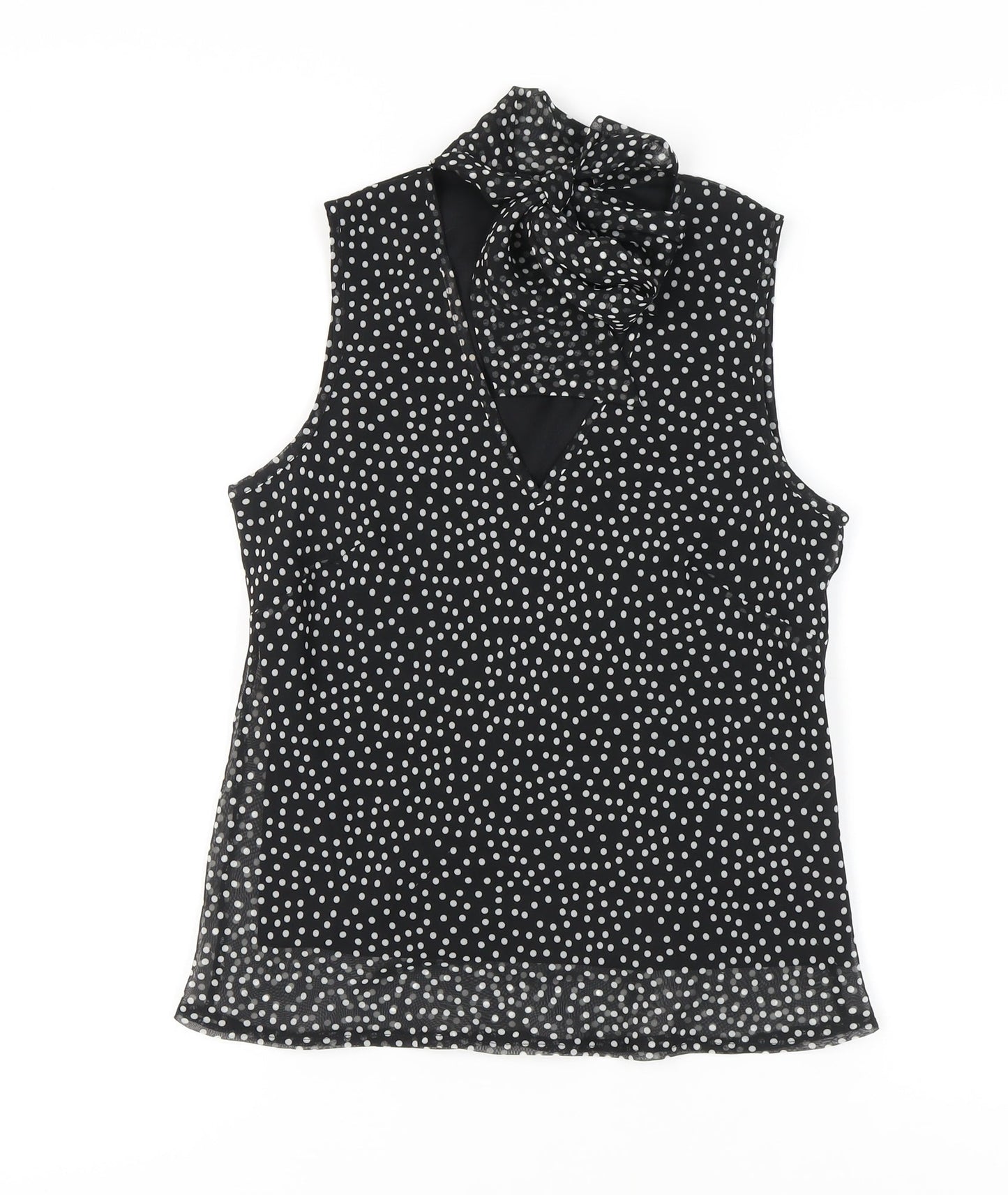 New Look Women's Black Polka Dot Bow Neck Sleeveless Blouse