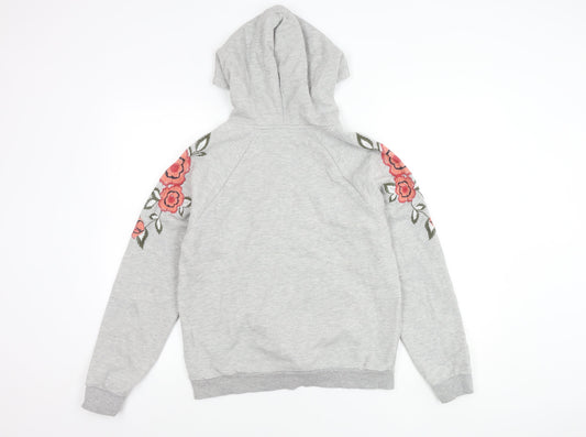 Topshop Women's Grey Floral Embroidered Hoodie S