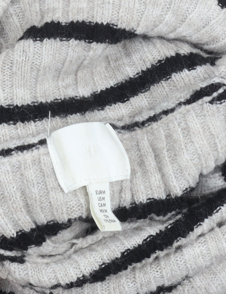 H&M Women's Grey Striped Roll Neck Jumper Size M