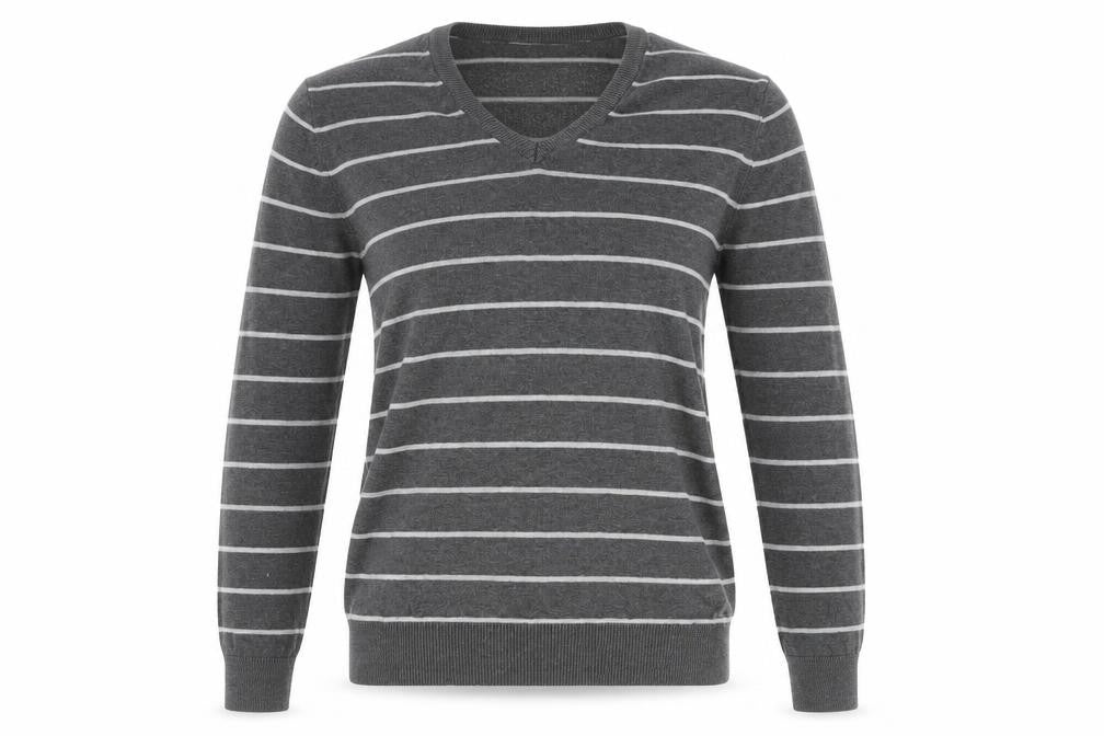 Front view of Women's Grey Striped V-Neck jumper - S