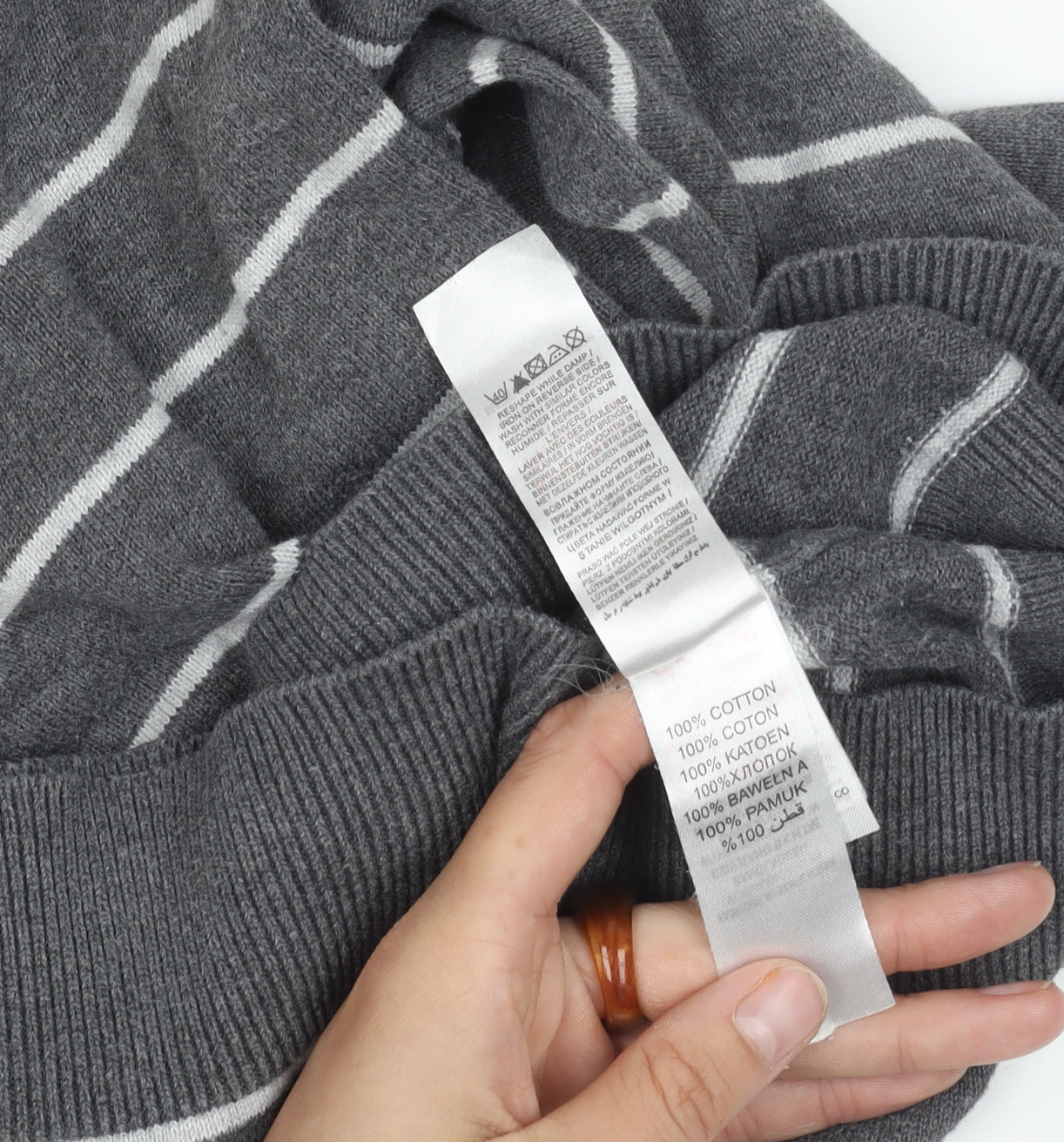 Women's Grey Striped V-Neck Pullover Jumper - S