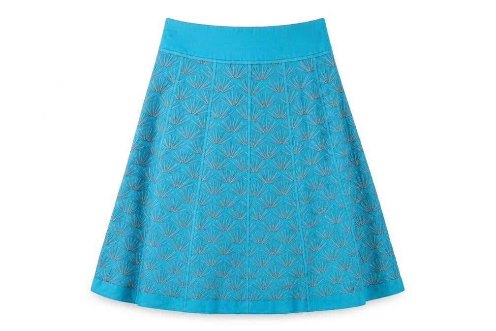 Front view of Monsoon Women's Blue A-Line Skirt, size 10, Embroidered