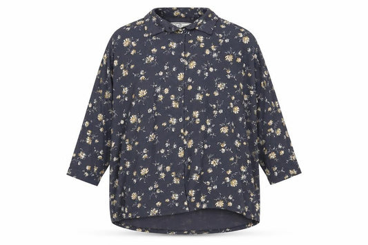 FatFace Women's Blue Floral Button-Up 3/4 Sleeve Top