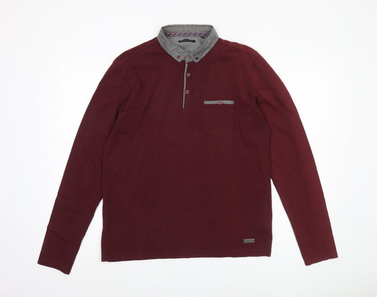 Brave Soul Men's Red Long Sleeve Polo Medium
