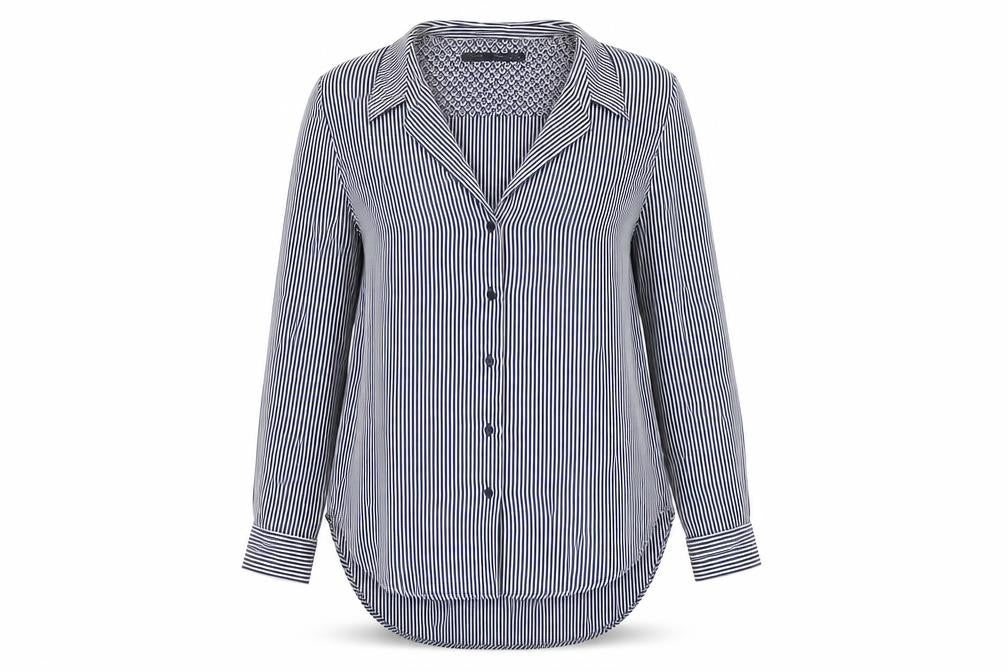 Front view of Zara Basic Women's Blue Striped Blouse, size 12, Casual