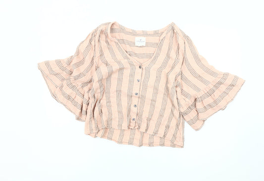 American Eagle Womens Pink Striped Blouse, M, V-Neck, Flared Sleeve
