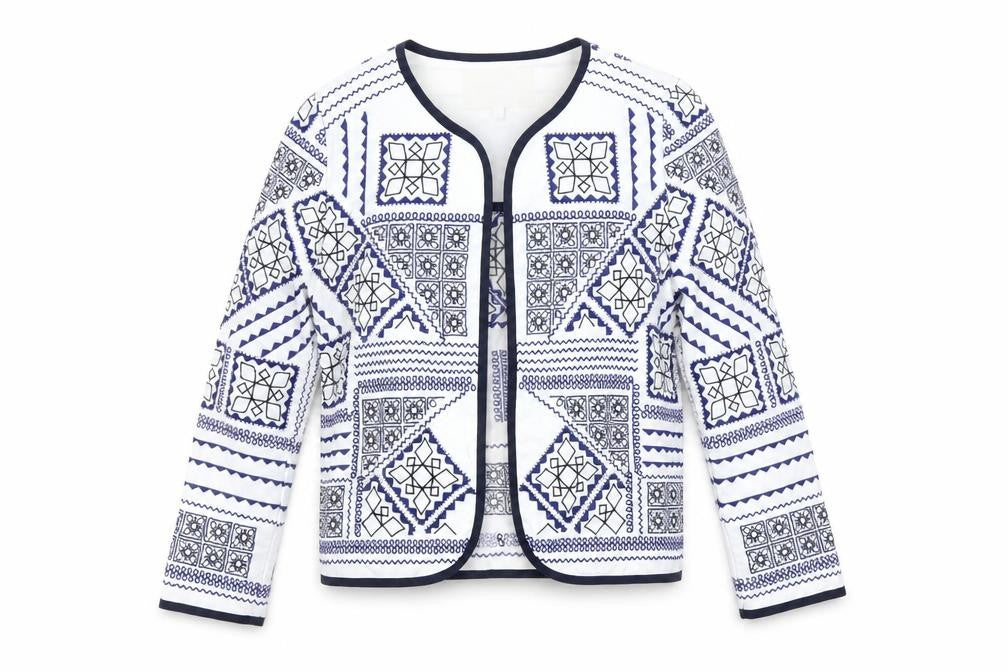 Front view of River Island Women’s White Geometric Blazer, size UK 6