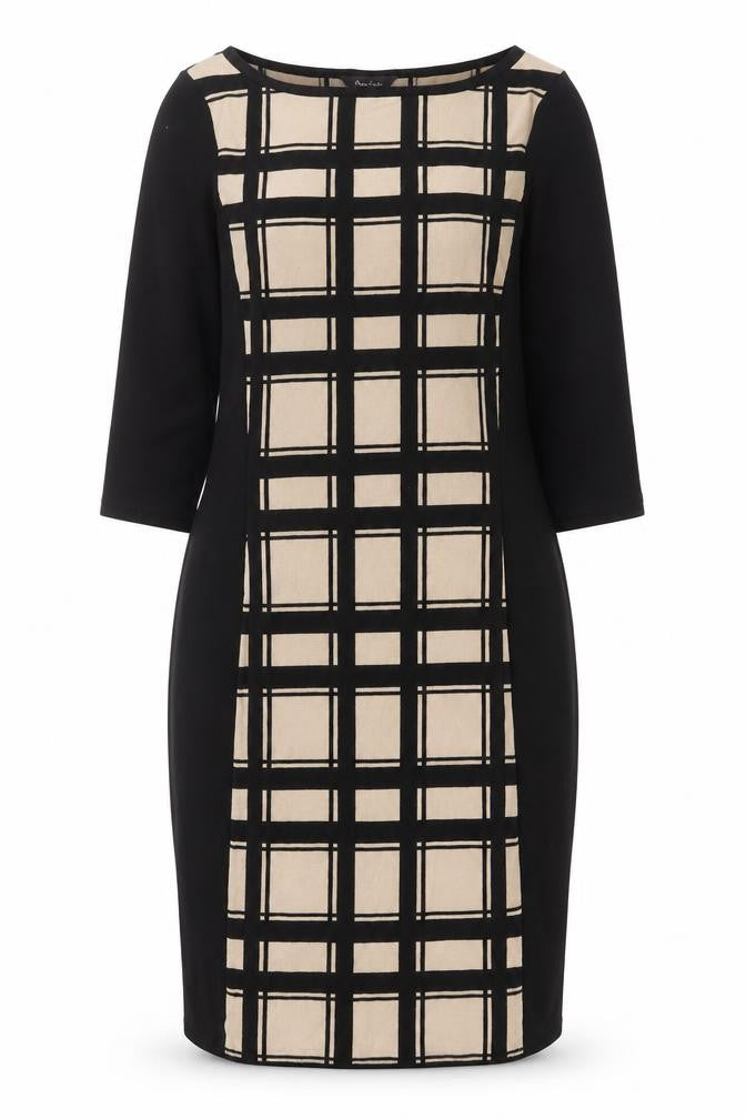 Front view of Phase Eight Women's Black Beige Check Shift Dress, size 12