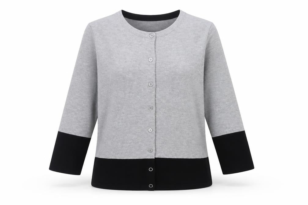 Front view of M&Co women’s grey cardigan, size UK 12, 3/4 sleeve