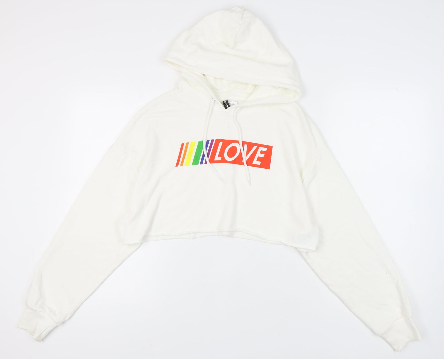 H&M Women’s White Hooded Love Logo Crop Hoodie M