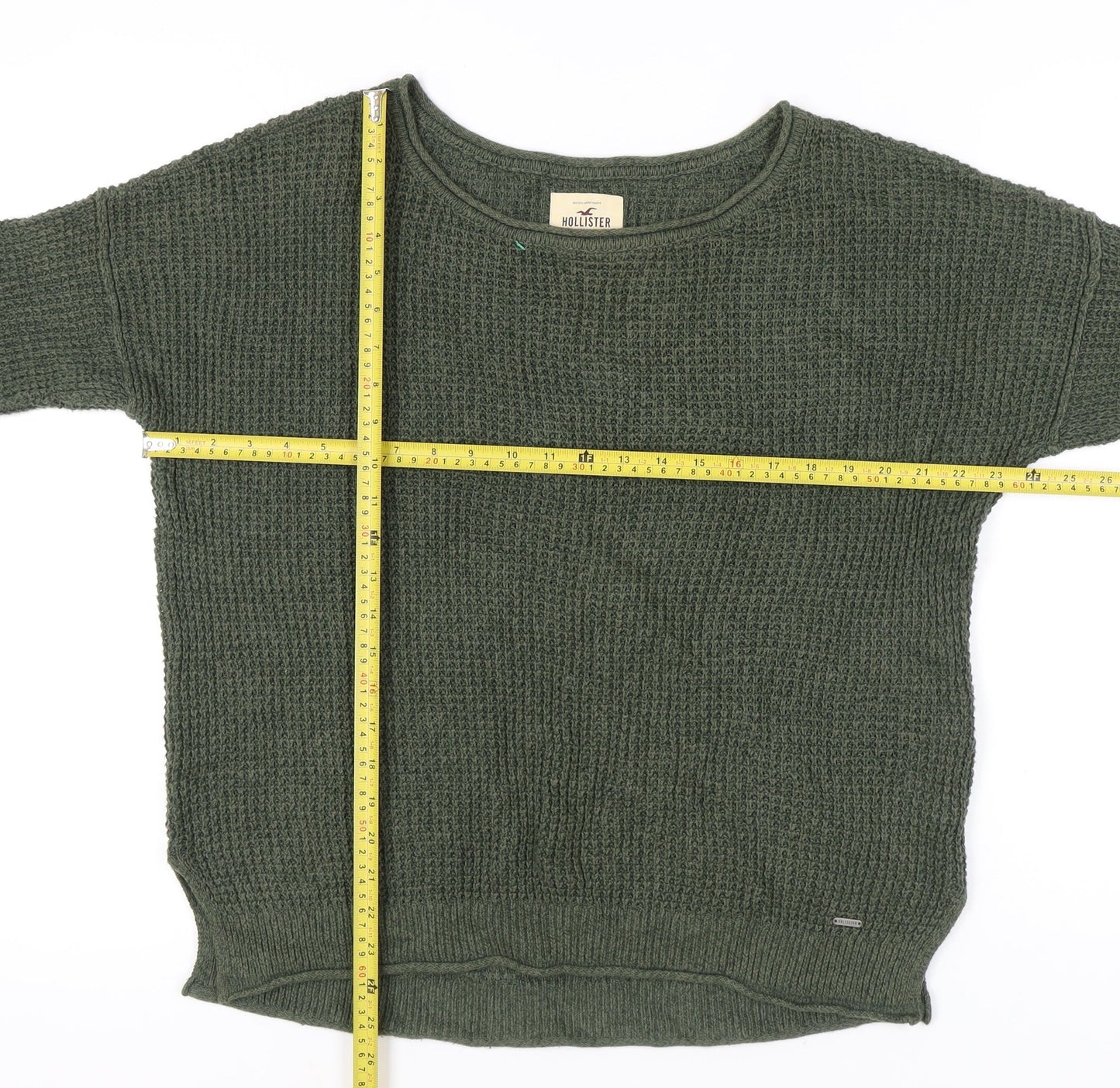 Hollister Women's Green Waffle Knit Jumper M