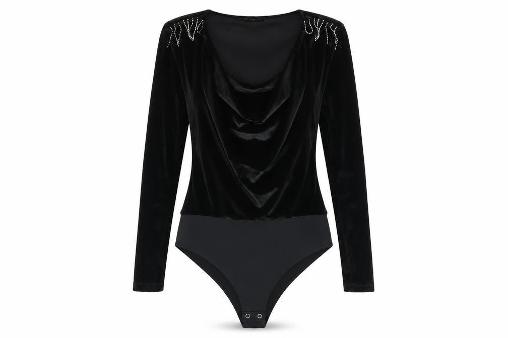 Front view of Zara Women’s Black S Velvet Bodysuit Beaded Detail