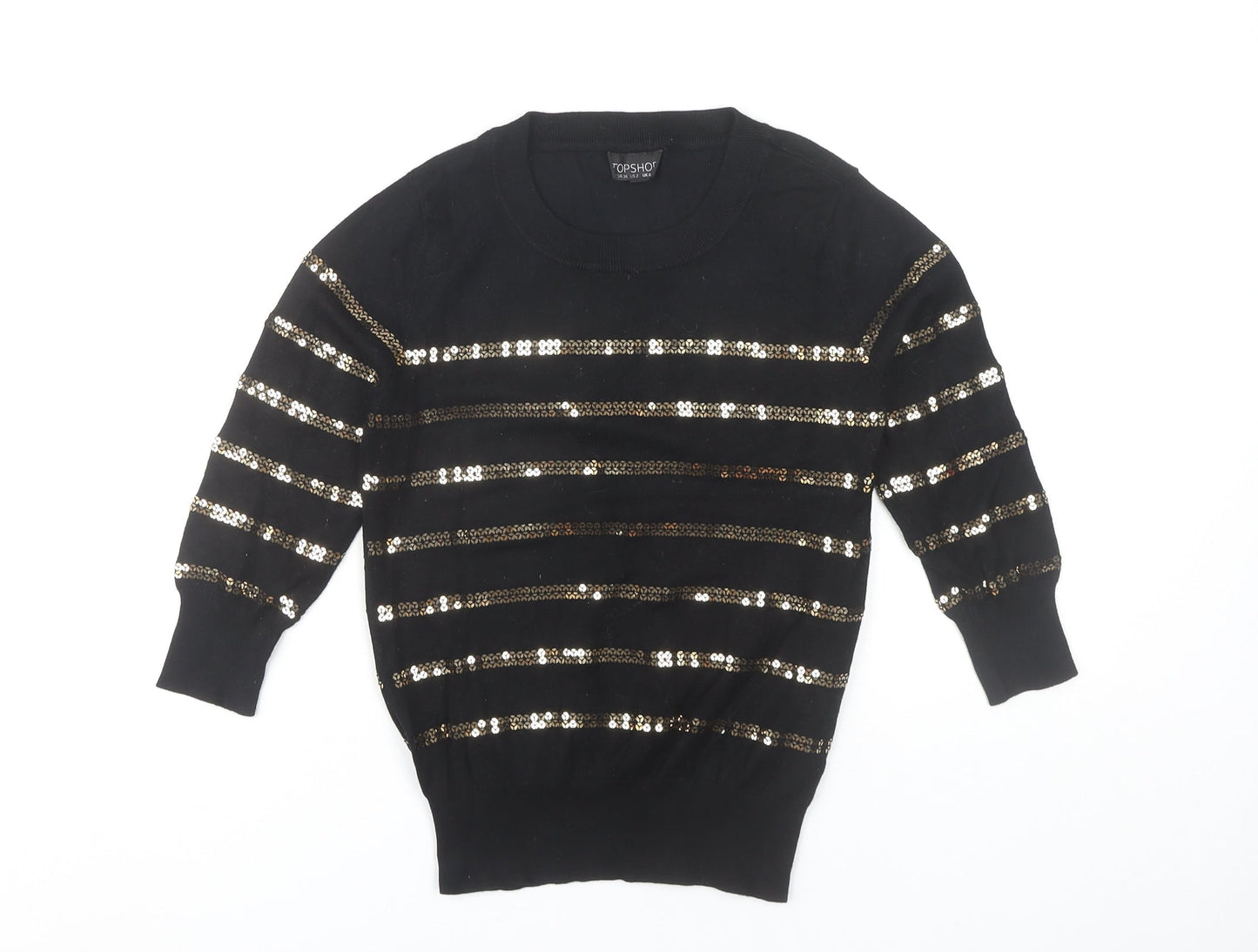 Topshop Women's Black Sequin Striped Pullover Jumper Size 6