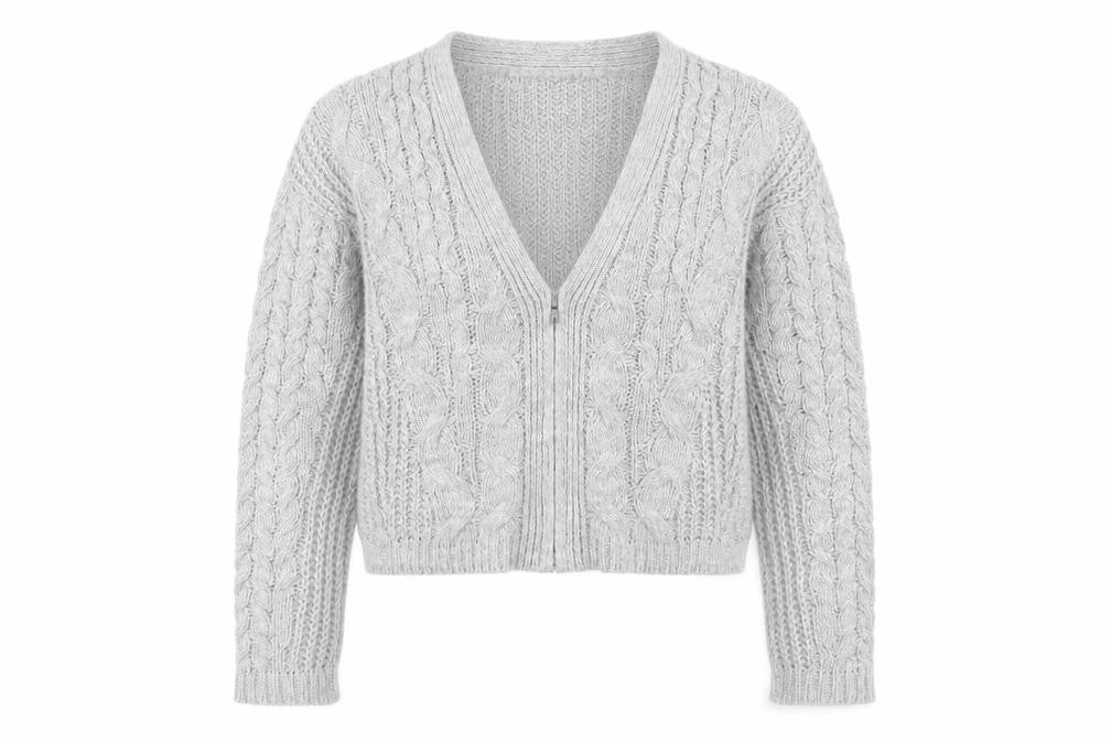 Front view of Warehouse Women’s Grey Cable Knit Cardigan, size UK 6