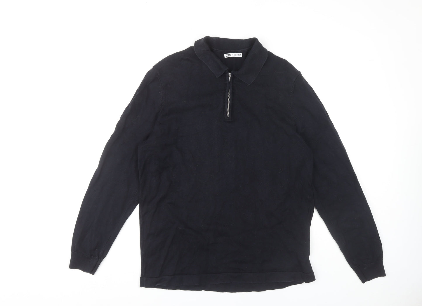 Zara Men's Black Long Sleeve Polo M 100% Cotton