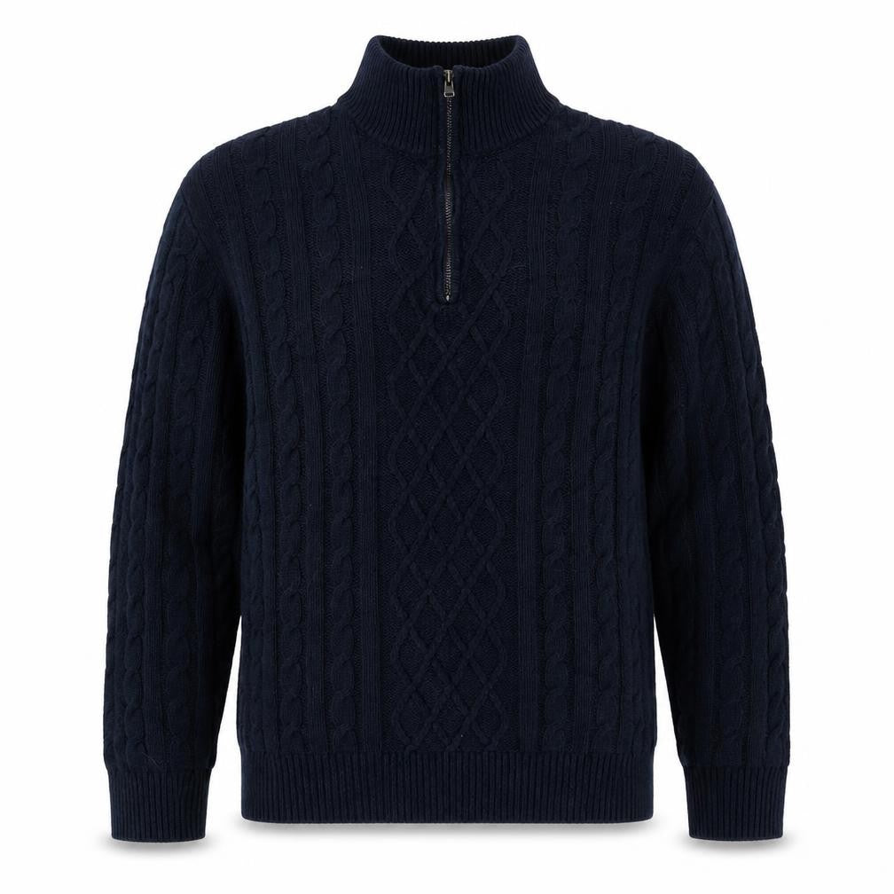 Front view of 4studio Men's Blue Cable-Knit 1/2 Zip Jumper L