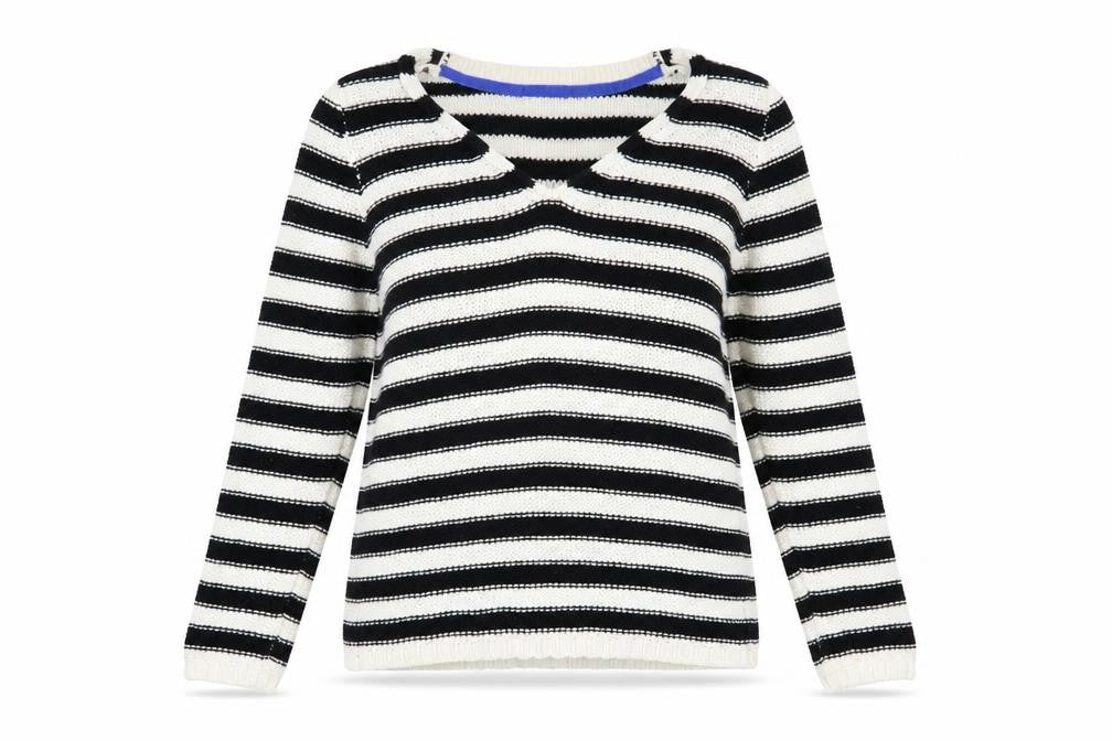Front view of H&M Women's Black Striped V-Neck jumper