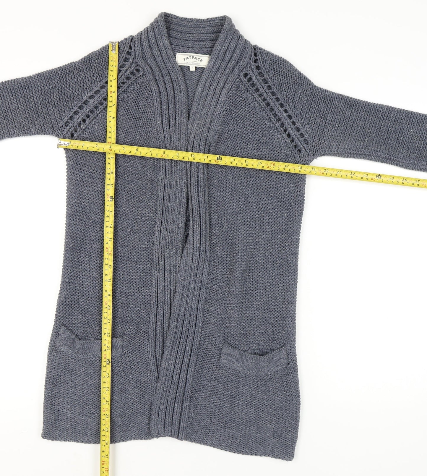 Fat Face Women’s Grey Open Front Cardigan Size 8, Open-Knit Style