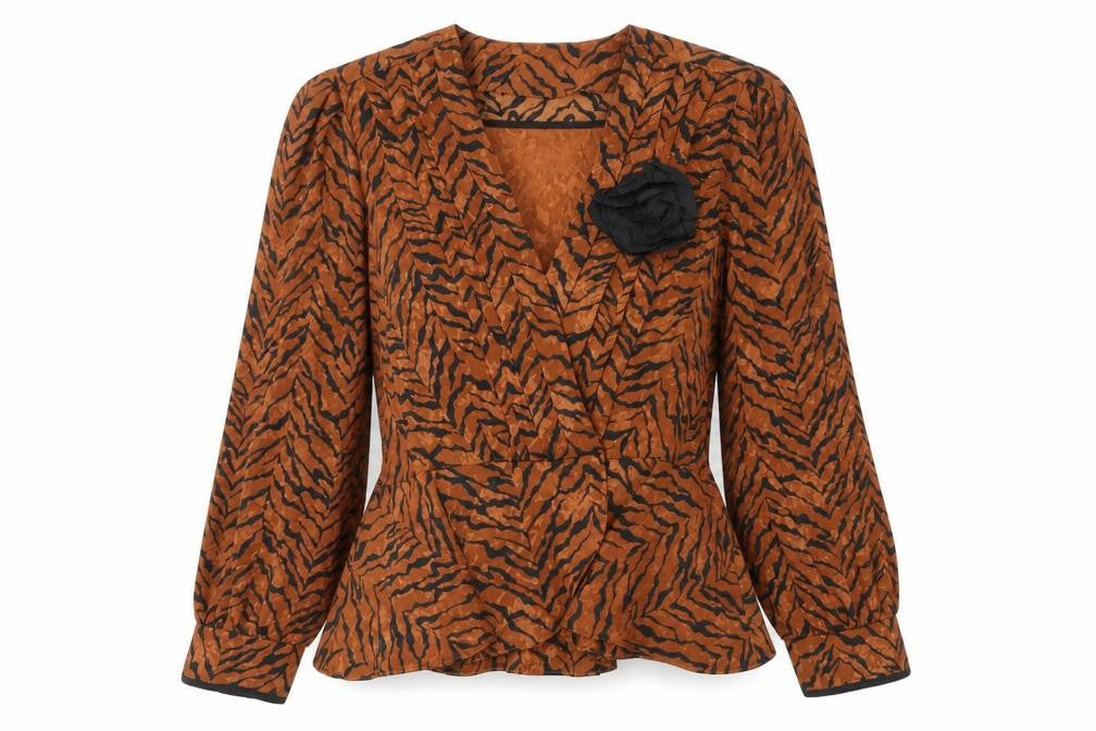 Front view of Fisser Women's Brown Animal Print Blouse, size 12