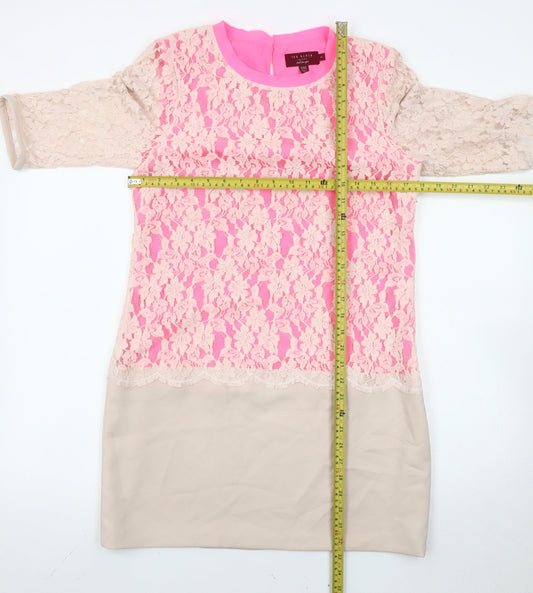 Ted Baker Women’s Pink Beige Lace Sheath Dress Size S Party/Cocktail