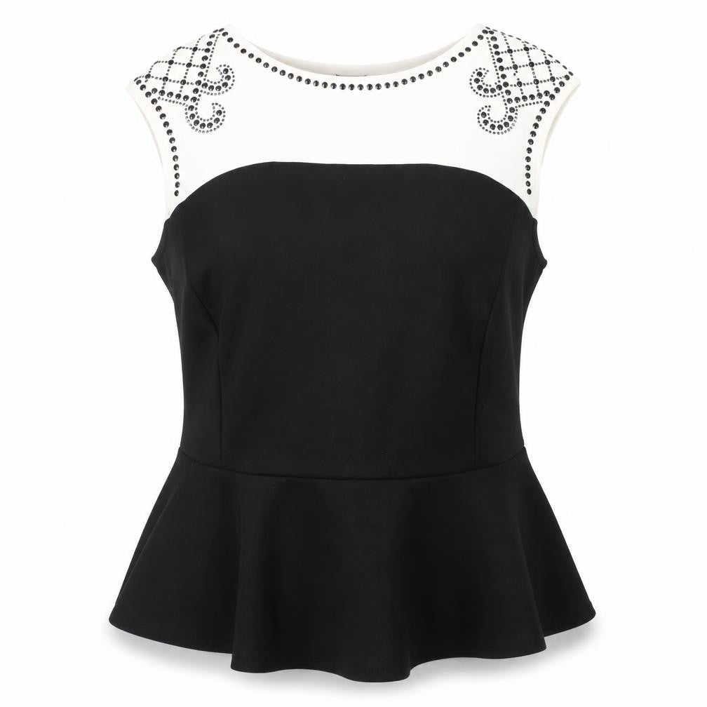 Roman Womens Black Size 18 Sleeveless Peplum Beaded Blouse