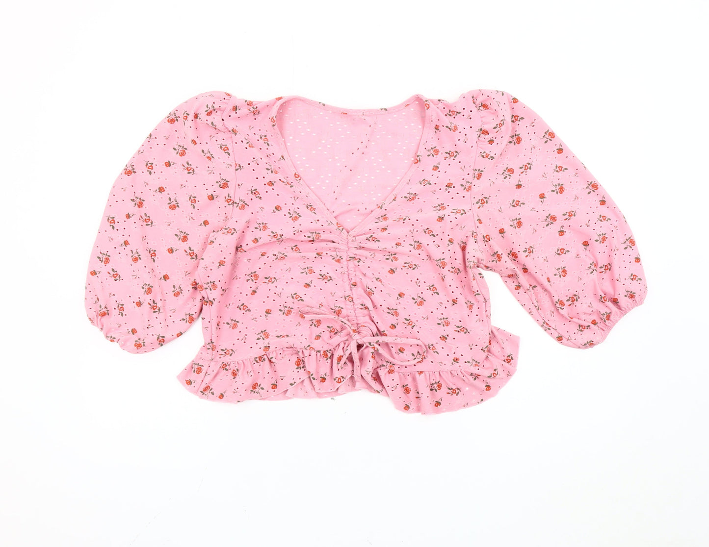 New Look Women Pink Floral Cropped Blouse Puff Sleeve Size 18