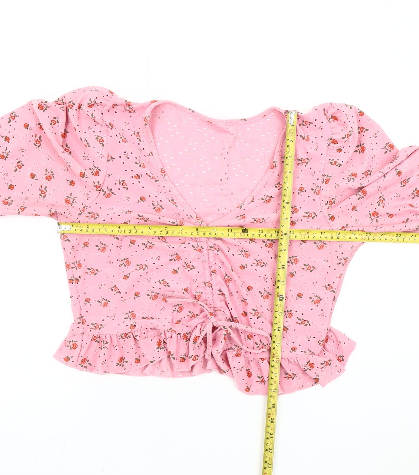 New Look Women Pink Floral Cropped Blouse Puff Sleeve Size 18