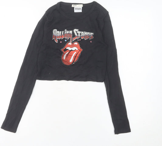Pull & Bear Women’s Black Rolling Stones Cropped Long Sleeve T-Shirt Size S