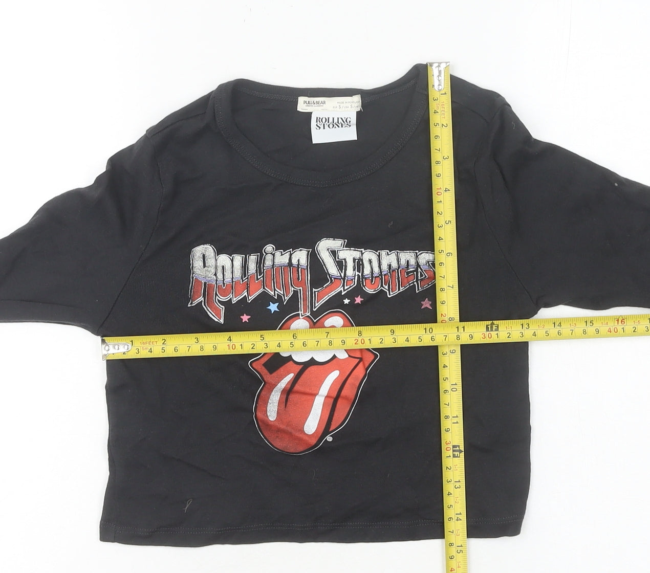 Pull & Bear Women’s Black Rolling Stones Cropped Long Sleeve T-Shirt Size S