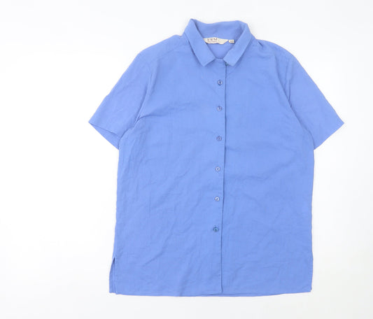 EWM Women's Blue Size 12 Collared Short Sleeve Button-Up Shirt