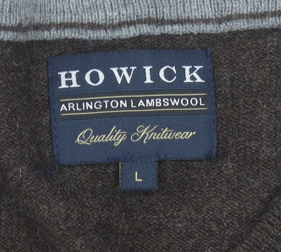 Howick Mens Brown Wool V-Neck Pullover Jumper L Regular Fit