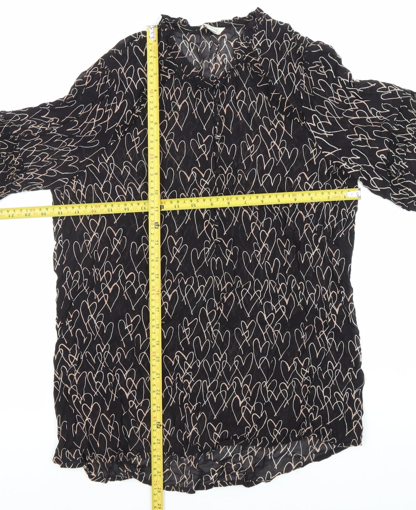 Monsoon Women Black Heart Print Tunic Blouse Size 10 Long Sleeve