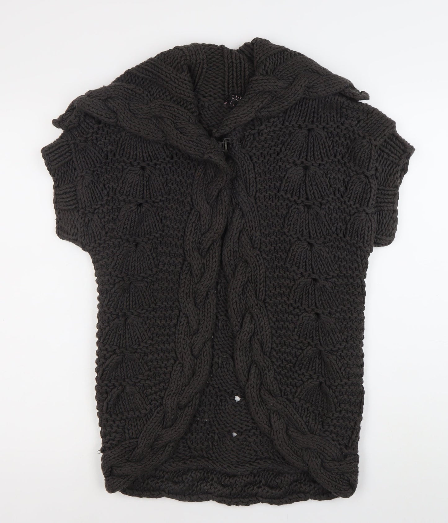 Ted Baker Women's Black Cotton Chunky-Knit Short Sleeve Cardigan Size 10