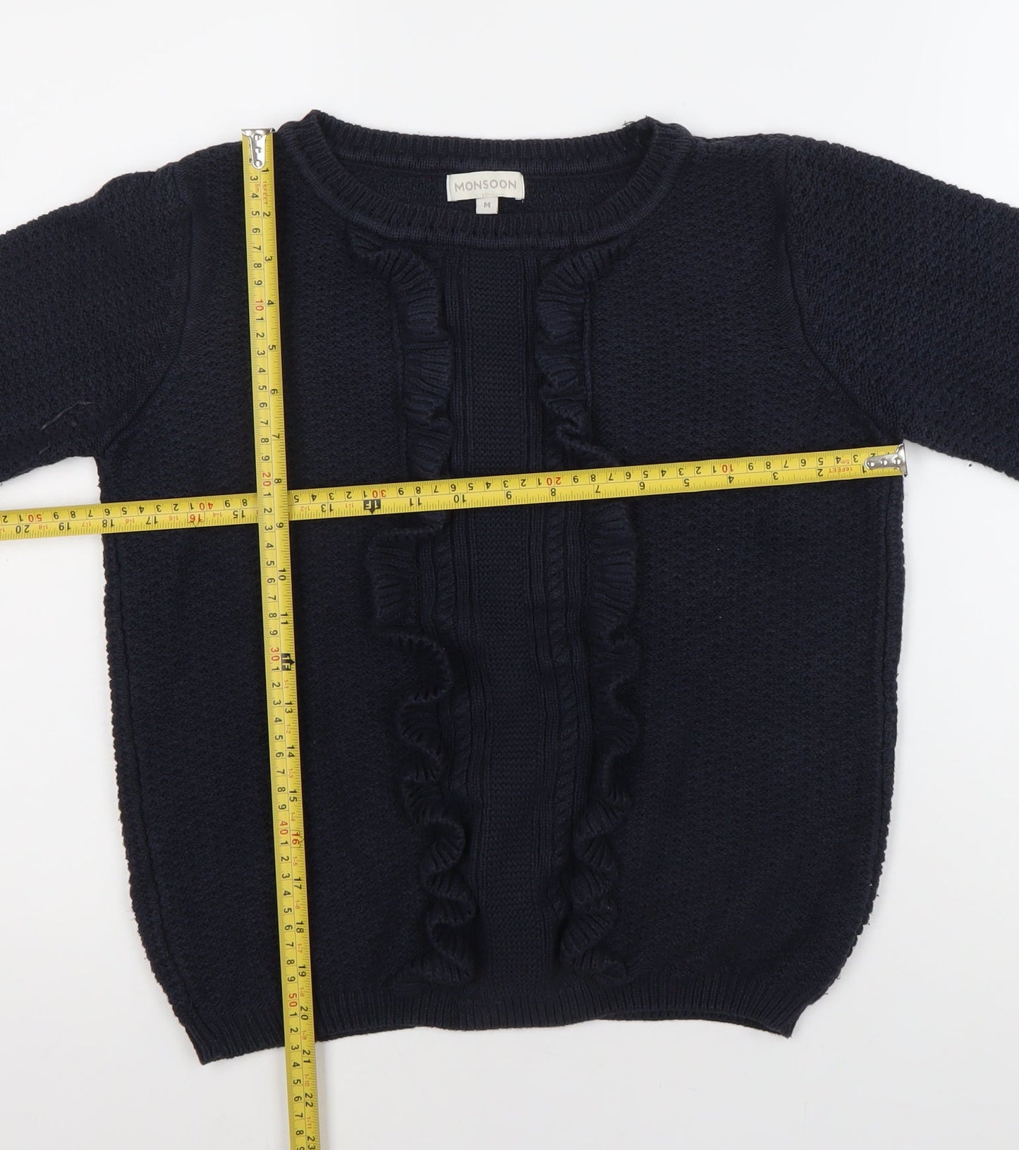 Monsoon Women's Blue Cable-Knit Ruffle Pullover Jumper M