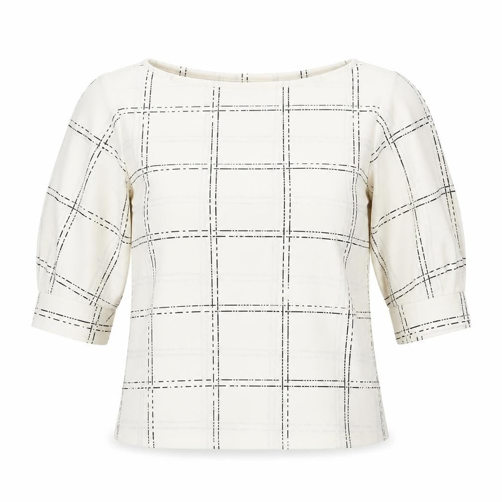 H&M Women's Ivory Check Blouse Small Boat Neck 3/4 Sleeve