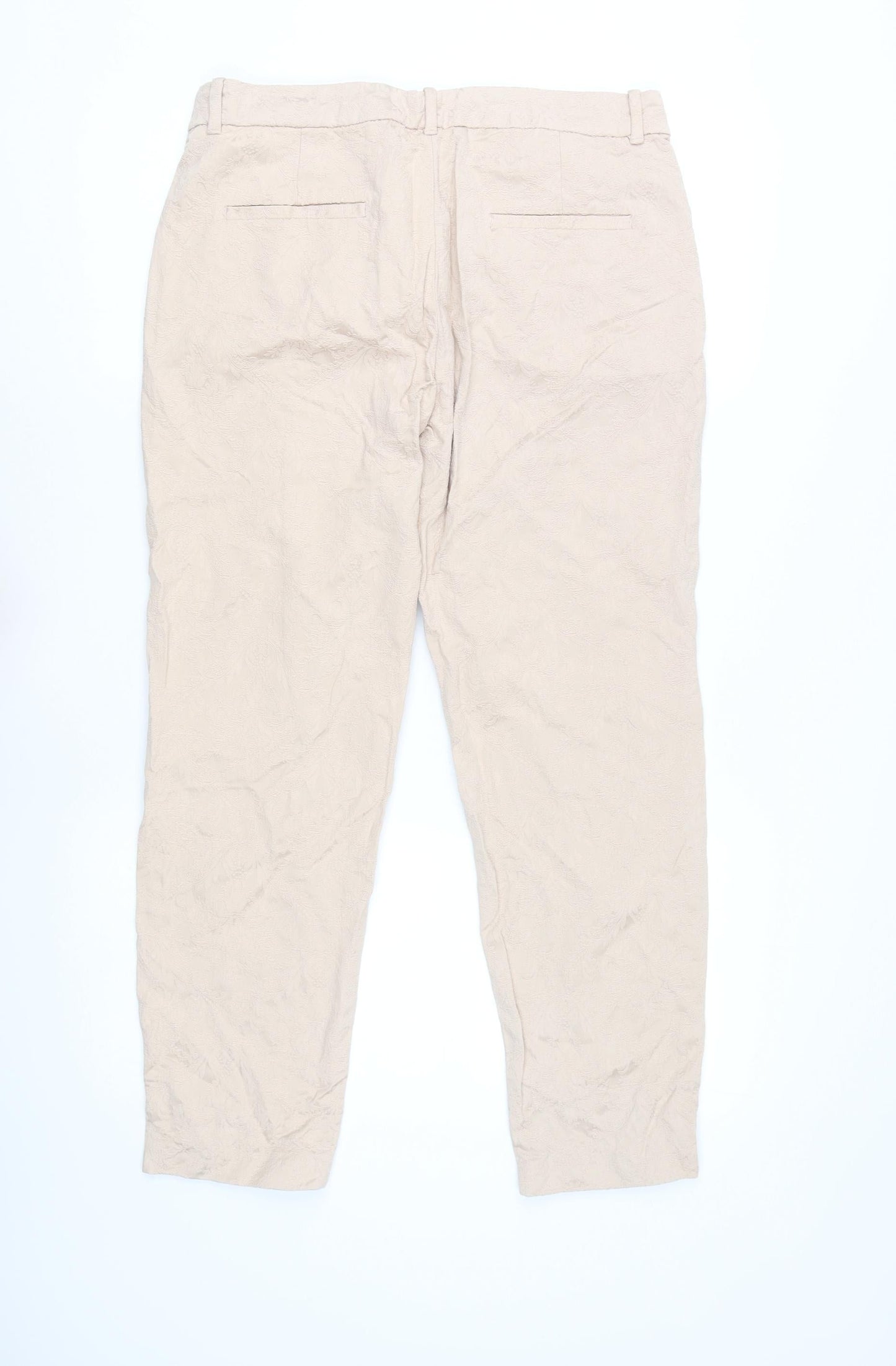 Zara Woman Beige Jacquard Straight Leg Trousers Women L Regular Fit