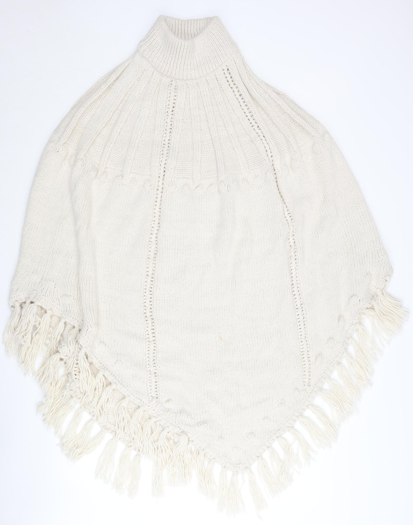 Monsoon Women’s Ivory Roll Neck Knit Cape with Fringe - One Size