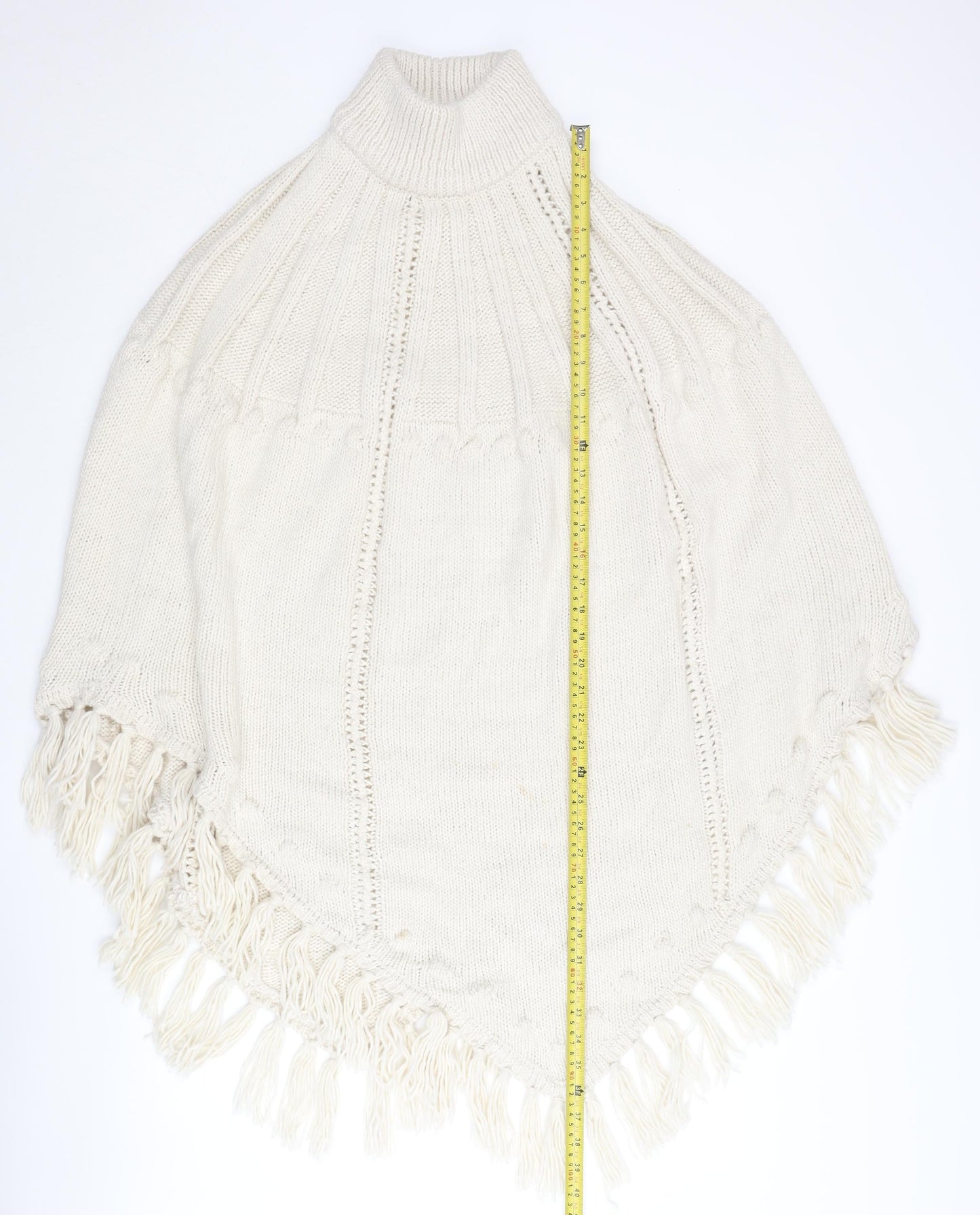 Monsoon Women’s Ivory Roll Neck Knit Cape with Fringe - One Size