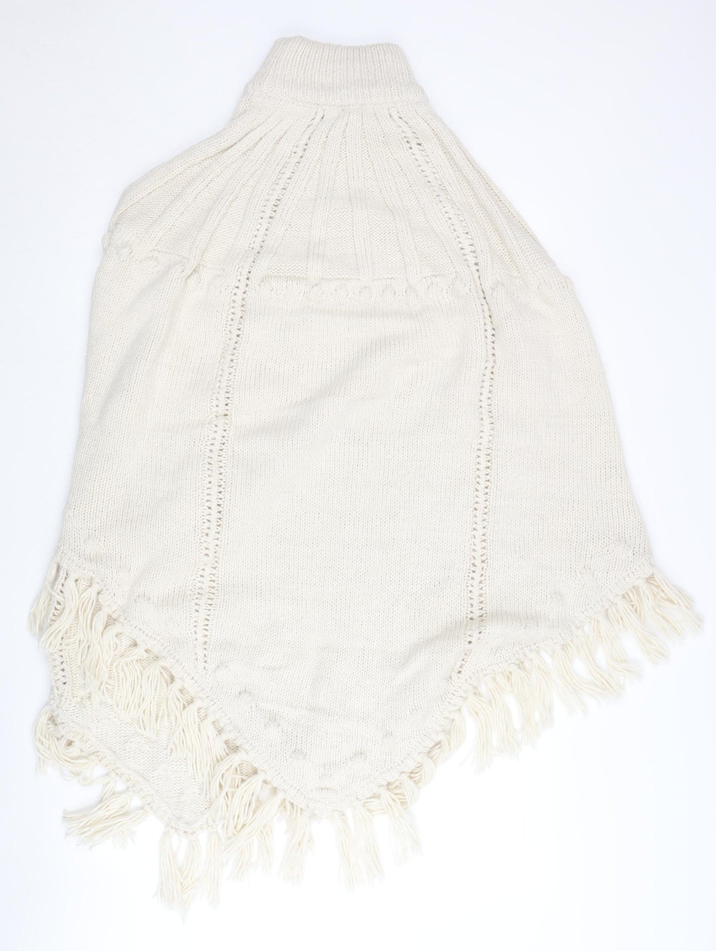 Monsoon Women’s Ivory Roll Neck Knit Cape with Fringe - One Size