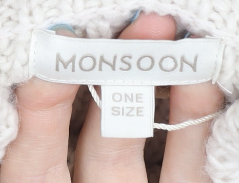 Monsoon Women’s Ivory Roll Neck Knit Cape with Fringe - One Size