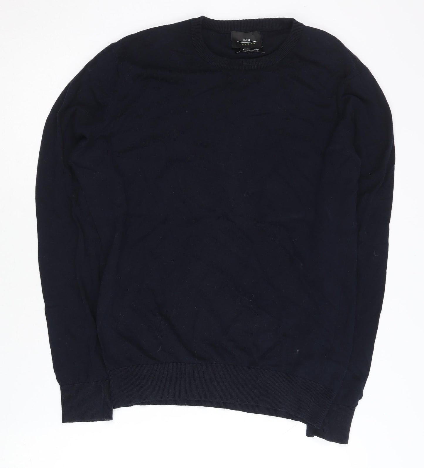Moss London Men's Blue Cotton Slim Fit Crew Neck Jumper M
