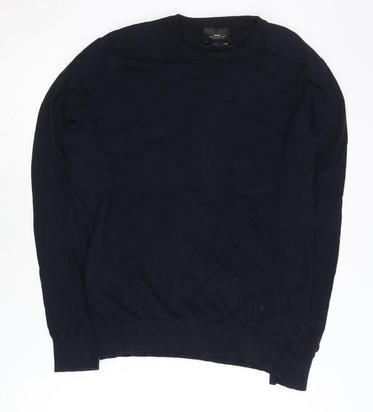 Moss London Men's Blue Cotton Slim Fit Crew Neck Jumper M