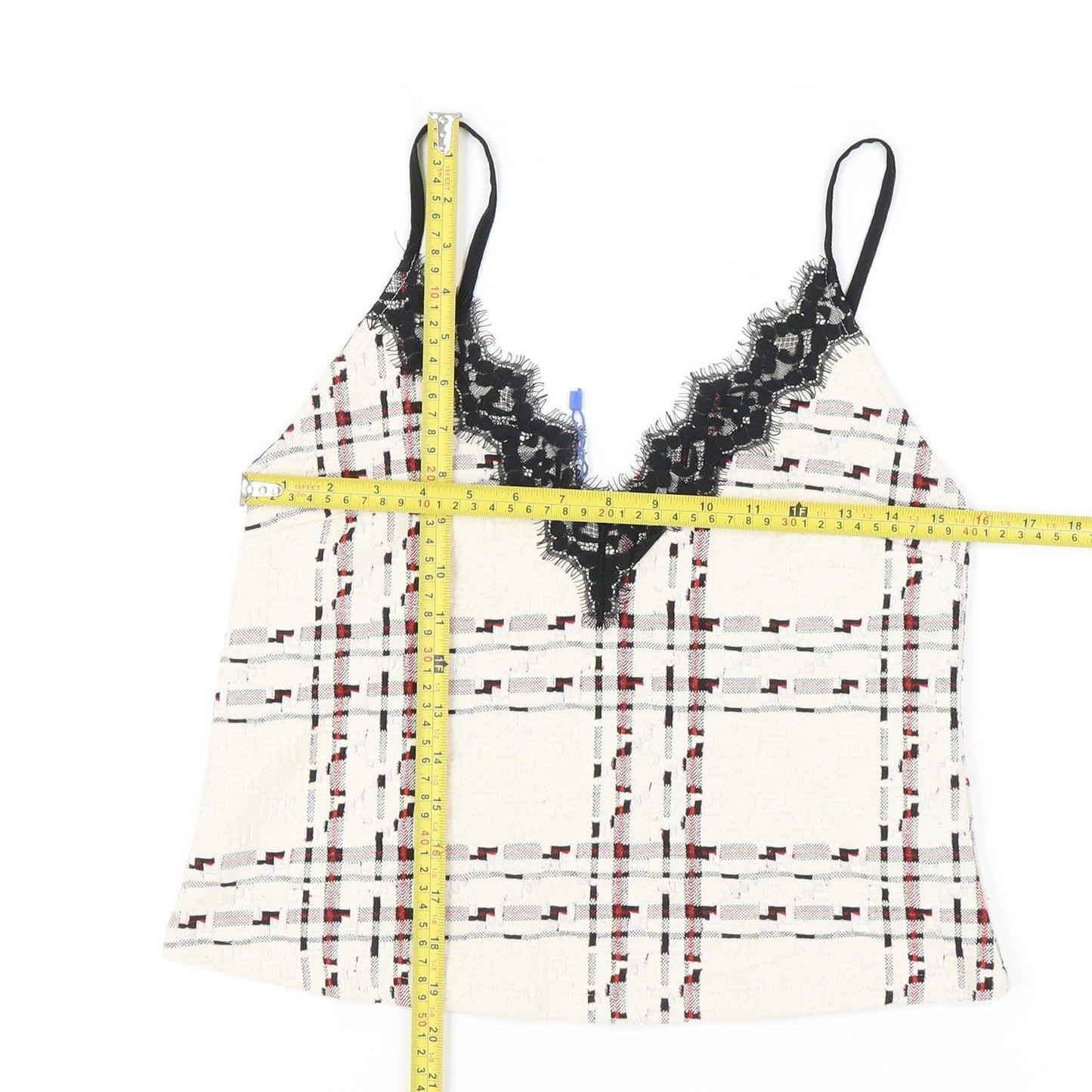 Zara Women Ivory Check Lace Trim Camisole Top Size 12