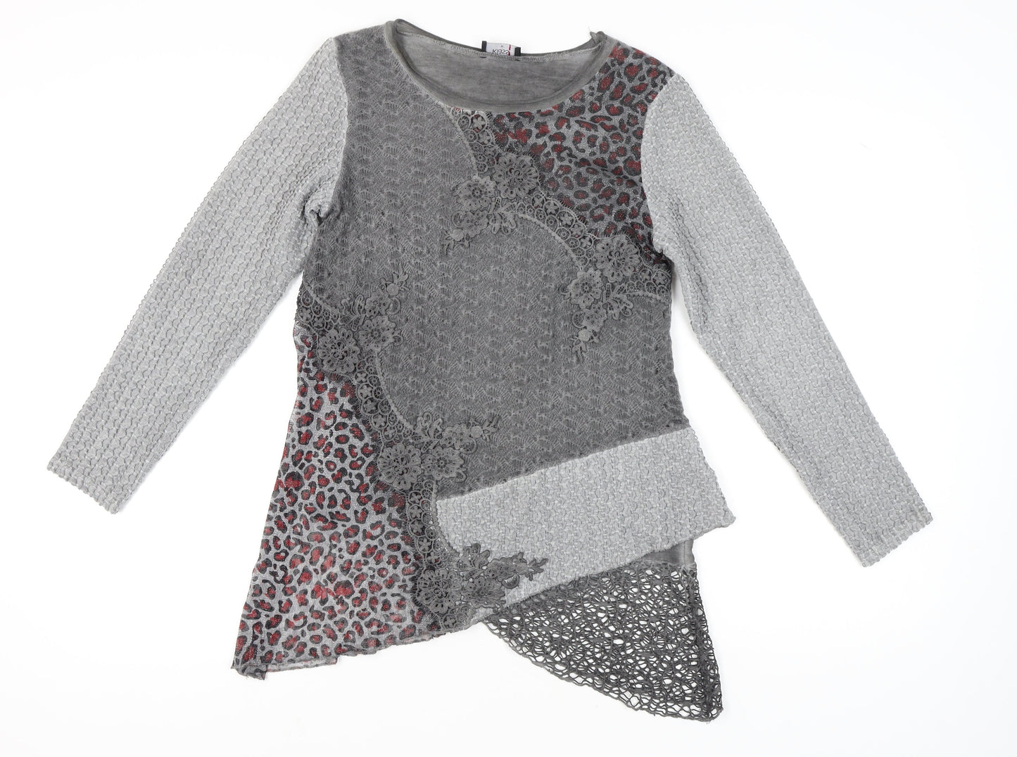 Klass Women's Grey Lace Knit Leopard Print Long Sleeve Blouse M
