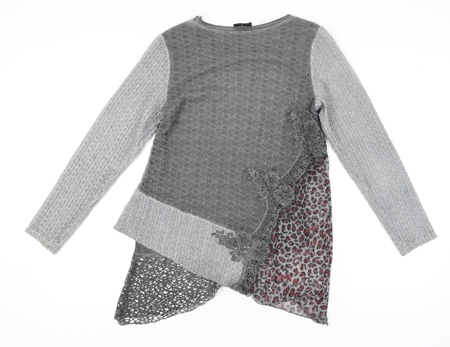 Klass Women's Grey Lace Knit Leopard Print Long Sleeve Blouse M