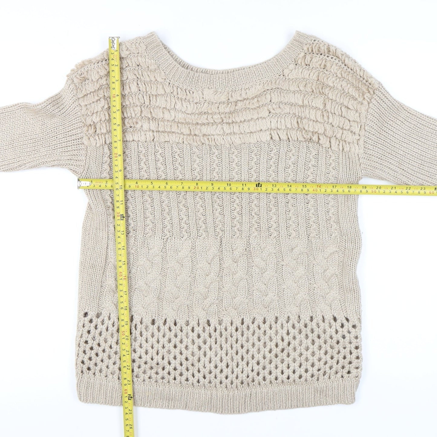 Warehouse Women Beige Size 14 Boat Neck Cable Knit Jumper