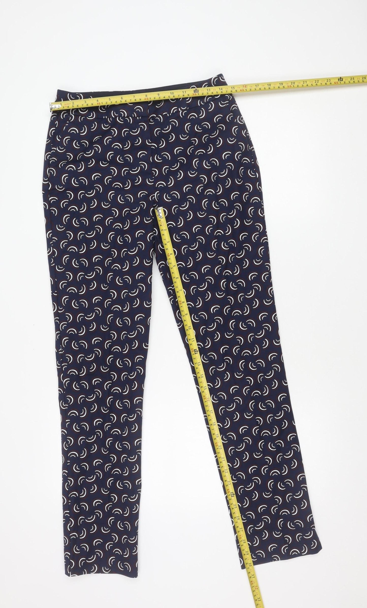 Boden Women's Blue Geometric Slim Trousers Size 10 Cotton Stretch